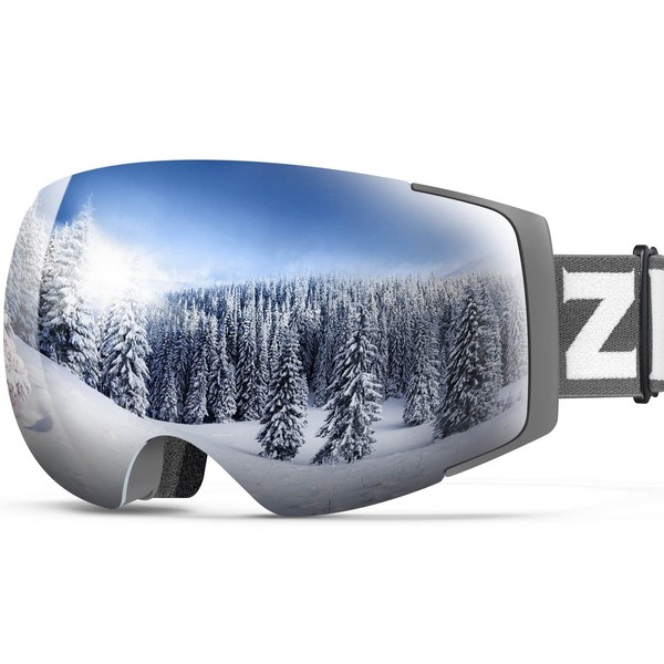 ZIONOR X4 Ski Goggles Magnetic Lens - Snowboard Goggles for Men Women Adult - Snow Goggles Anti-fog UV Protection (VLT 8.59% Grey Frame Grey Revo Silver Lens)