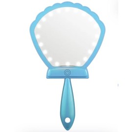 Shell-Shaped Hand Mirror with LED Lights, Blue, Handheld Vanity Mirror with Power Button