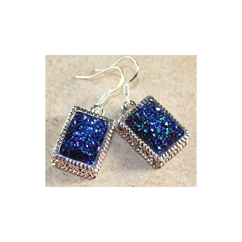 SILVER Vintage Style Blue Green Titanium Druzy Rectangular Earrings