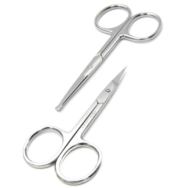 Melwey Pack of 2 Curved & Rounded Blunt Tip Stainless Steel Small Scissors for Eyebrows & Eyelashes, Scissors for Beard Trimming & Moustache, Baby Scissors for Baby Nails, Nose & Facial Hair Scissors.
