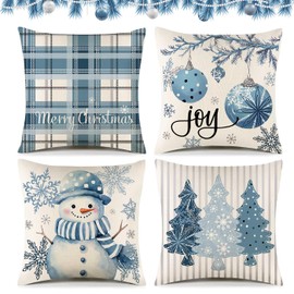 VeIef Pack of 4 Cushion Covers 40 x 40 cm Christmas, Linen Decorative Cushion Cover Christmas, Christmas Cushion Covers with Motifs of Snowman Christmas Tree Decorative Patterns (40 x 40, Blue)