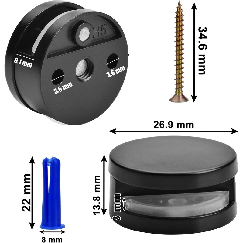 Black Upgraded 3-5mm Frameless Mirror Mounting Hardware 8 Pack Dual-Screw