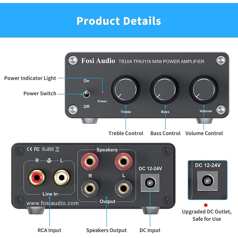 Fosi Audio TB10A 2 Channel Stereo Audio Amplifier Receiver Mini