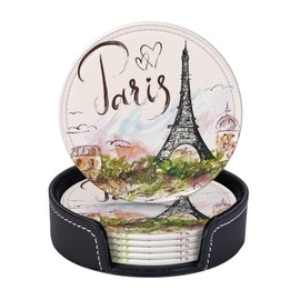 Pretty Paris Romantic Eiffel Tower Coasters for Drinks Round Leather Coaster with Holder Set of 6 for Tabletop Protection Desk Accessories Office Home Room Decor