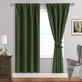 JIUZHEN Blackout Curtains for Bedroom– Thermal Insulated,Noise Reducing Room Darkening Rod Pocket Curtains for Living Room, Set of 2 Panels with Tiebacks, 42 x 72 inch Long, Olive Green