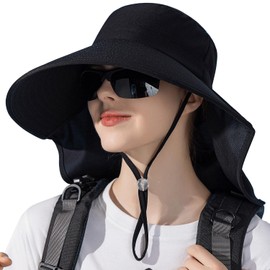 WANYI Women's Sun Hat with Neck Protection Wide Brim Summer Sun Protection Hat Outdoor Hiking Hat UV Protection Fishing Hat with Ponytail Hole for Anglers, Garden, Sandy Beach 55-60 cm, black
