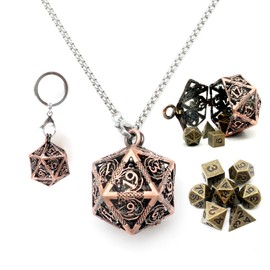 Haxtec Mini Metal DND Dice Set with Copper Hollow D20 Necklace Dice Case, Antique Small Metal Dice Set, D&D Keychain, Portable, 7 Pieces Dice Set