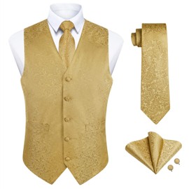 Enlision Suit Vest for Men Gold Paisley Dress Vest and Tie Set Formal 4pc Silk Dress Waistcoat Necktie and Pocket Square Set Wedding Party Business Tuxedo