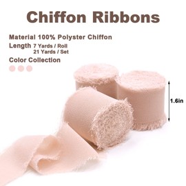 3 Rolls Light Pink Handmade Fringe Chiffon Ribbon 1.5" x 7Yd Silk-Like Ribbon Colorful Rustic Ribbon for Bouquets Wrapping Decor Wedding Invitation Accessories