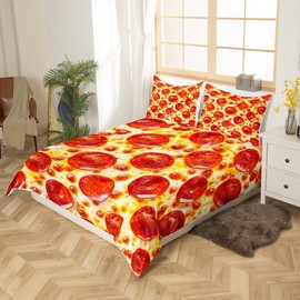 3D Pizza Printed Duvet Cover Queen Size Cheese Pizza Comforter Cover with 2 Pillowcase for Teens Adults Kids Food Print Bedding Set Pizza Breathable 3 Pieces Decorative Bed Cover(No Comforter)