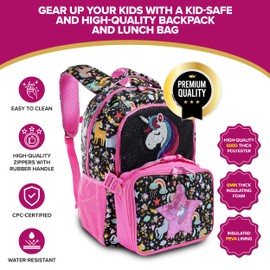 Decorably 2pc Set Sequined Glittery Unicorn Backpack with Lunch Box with Star Patch, Multi-Compartment Unicorn Bookbag for Girls 4-6 with Lunch Bag