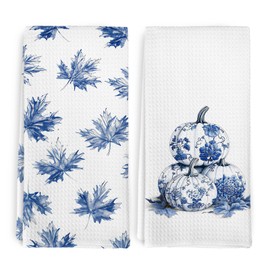 dvhdajed Fall Chinoiserie Pumpkins Kitchen Towel and Dish Towel Set of 2, Grandmillennial Maple Leaf Decor Hand Towels,Blue and White Pumpkin Decorative Dish Tea Towels for Bathroom Kitchen,16x24 in