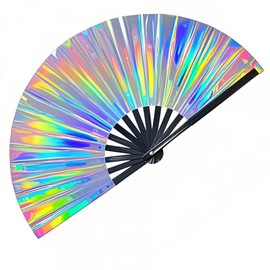 dmjuncong 1Pcs Large Folding Hand Rave Fan,Clack Handheld Fan,Holographic Laser Colors Hand Fan,for Festivals,Rainbow Outfits,Disco Party,Home Decoration and Cooling in Various Occasions.