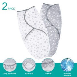 Biloban Baby Swaddles 0-3 Months for Boy Girls, Newborn, Organic Cotton Adjustable Blanket, Lovely Grey Print, 2 Pack