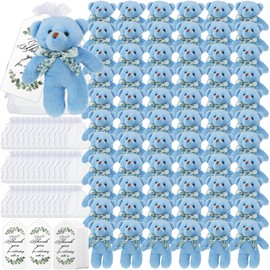 Wettarn 50 Sets Baby Shower Small Bears Tiny Plush Bear Bulk 4.72 Inch Mini Stuffed Animals Small Bear Party Favors with Thank You Tags and Mesh Bags for DIY Keychain Birthday Baby Shower (Blue)