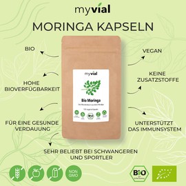 myvial® Organic Moringa Capsules High Dose Pack of 120 Vegan without Additives Plastic-Free Packaging - 400 mg Fine Leaf Powder from Moringa Oleifera Plant