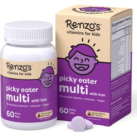 Renzo's Picky Eater Kids Multivitamin with Iron, Dissolving Kids Vitamins with Vitamin D3 & K2 and More, 60 Sugar-Free Melty Tabs, Cherry Mo’ Cherry Flavored