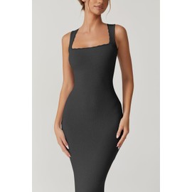 QINSEN Long Maxi Dress for Women Square Neck Lace Hem Slip Bodycon Full Length Summer Bodycon Dress Drak Grey L