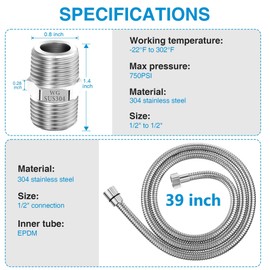 Dreyoo 2 Pack 39 Inch Shower Hose with Shower Extension Connector, Extra Long Handheld Head Hose with Brass Insert and Nut, 1/2 to 1/2 Extender, Stainless Steel