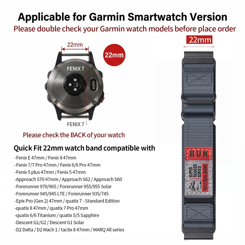22mm Quickfit Watch Band for Garmin, Double Buckle Band Compatible