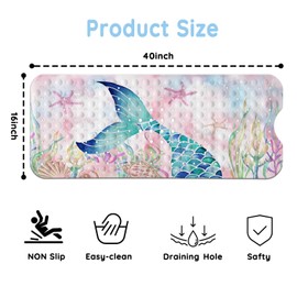KINUUIS Bathtub Mats for Kids, Pink Mermaid Bath Mat for Tub Non Slip, 40 X 16 Inch Large Washable Bathtub Mat Non Slip for Showers with Drain Holes and Suction Cups