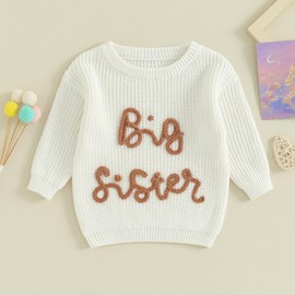 Toddler Girl Knit Sweater Big Sister Little Sister Matching Outfit Embroidery Sweatshirt Top Winter Clothes (White Big, 3-4 Years)