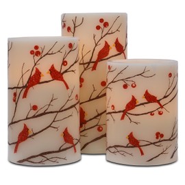 Flameless 3PC Glitter Berries And Cardinals Wax Pillars With Timer