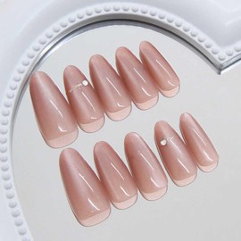 Foccna Pink Press on Nails Almond - Press on Nails Medium, Acrylic Fake Nails Nude Nails Clear False Nail Tips 24pcs