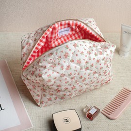 MIROSIE Handmade Cotton Quilted Makeup Bag, Skincare Organizer Zipped Pouch,Travel Cosmetic Bag,2 Pieces Floral Beauty Purse for Women Girls Skincares Essentials