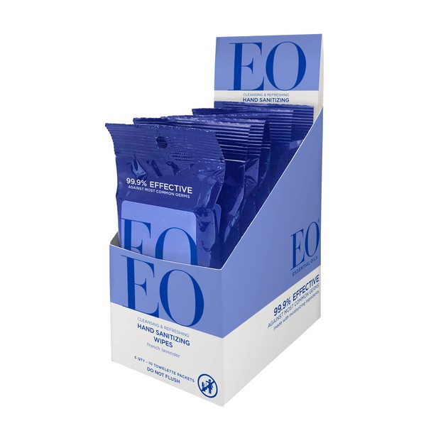 EO Hand Cleansing Wipes, 10 Wipes (Pack of 6), French Lavender, Biodegradable, Plant Derived Alcohol with Pure Essential Oils