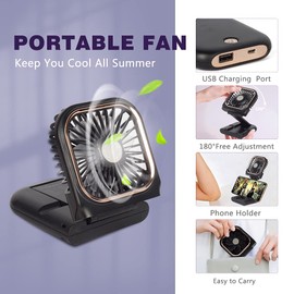 FADACHY Mini ventilador de mano inalámbrico portátil ventilador pequeño ventilador personal banco de energía plegable USB recargable ventilador de collar ventilador de 3000 mAh banco de energía 3 velocidades colgante ventilador de refrigeración negro