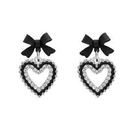 Dainty Black Bow Hollow Heart CZ Stud Short Dangle Drop Earrings for Women Black Enamel Love Heart Bowknot Hypoallergenic Studs Fashion Jewelry Valentine's Day Birthday Gift