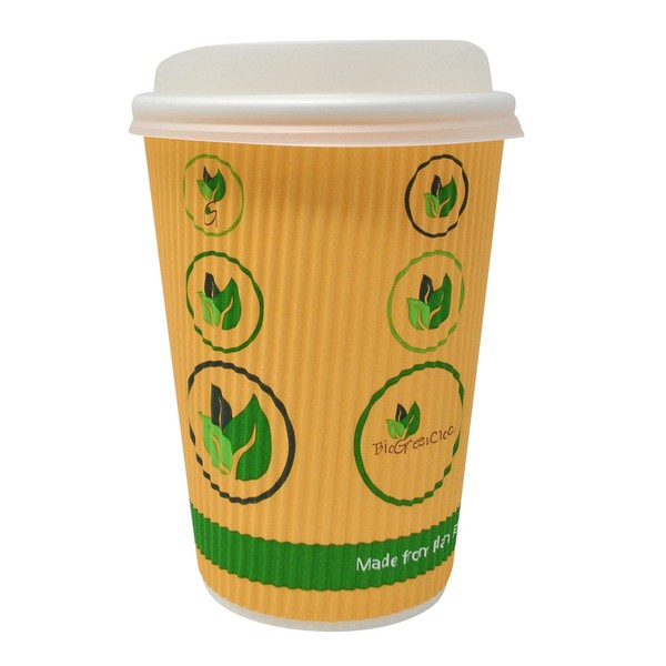 BioGreenChoice 16 oz. Compostable Eco-friendly Hot Cup with Bio Lining[120 Count], Ripple Wall Insulated Disposable Coffee cups(No sleeves needed), Leak-Proof & Microwave Safe Paper cups