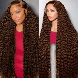 MXTQO 200% Density Chocolate Brown 13x6 Deep Wave Lace Front Wigs Human Hair Curly Wig HD Lace Front Wigs Human Hair Pre Plucked Frontal Wigs Human Hair Glueless Wig For Women (28 Inch)