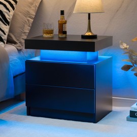 Black Nightstand with LED Light Black Modern Bedside Table LED Nightstand with 2 Drawers End Side Table for Bedroom