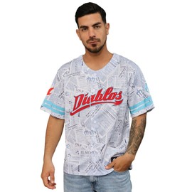 Men's Los Diablos Mexico Baseball Jersey Newspaper Print Style with Bold Red Front Logo and Light Blue Sleeve Stripes (US, Alpha, Large, Regular, Regular, White Blue Stripe)