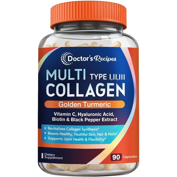 Doctor's Recipes Multi Collagen Complex with Golden Turmeric, Vitamin C, Biotin, Hyaluronic Acid & Black Pepper for Anti-Aging, Skin, Hair, Nail & Joint, Keto, 90 Caps