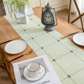 Gernaice Rustic Lattice Linen Table Runner 13 x 72 Inches Vintage Checkered Boho Farmhouse Embroidery Plaid 72 Inches Long Table Runners with Tassel Kitchen Dining Holiday Party Home Decor Green