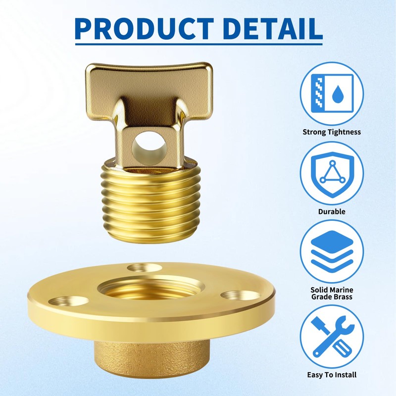 Boltigen Solid Brass Garboard Drain Plug Kit, 1/2" NPT Threaded