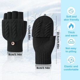 ViEinkaufen 2 Pairs Fingerless Gloves for Men & Women, Thermal Winter Gloves Touchscreen Compatible, Convertible Flip Mittens Half Finger for Cycling Running