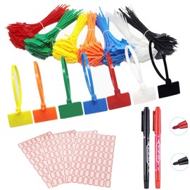 175pcs Cable Labels Nylon Cable Ties Zip Ties Marker Ties, Self-Locking Cord Cable Management Wraps Power Making Label Mark Tags with 256pcs Labels Stickers and 2pcs Pen,7 Colors