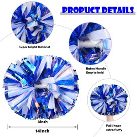 Hooshing 2PCS Cheerleading Pom Poms with Baton Handle Rainbow Blue and White Cheer Pom Poms for Sports Team Spirit Cheering