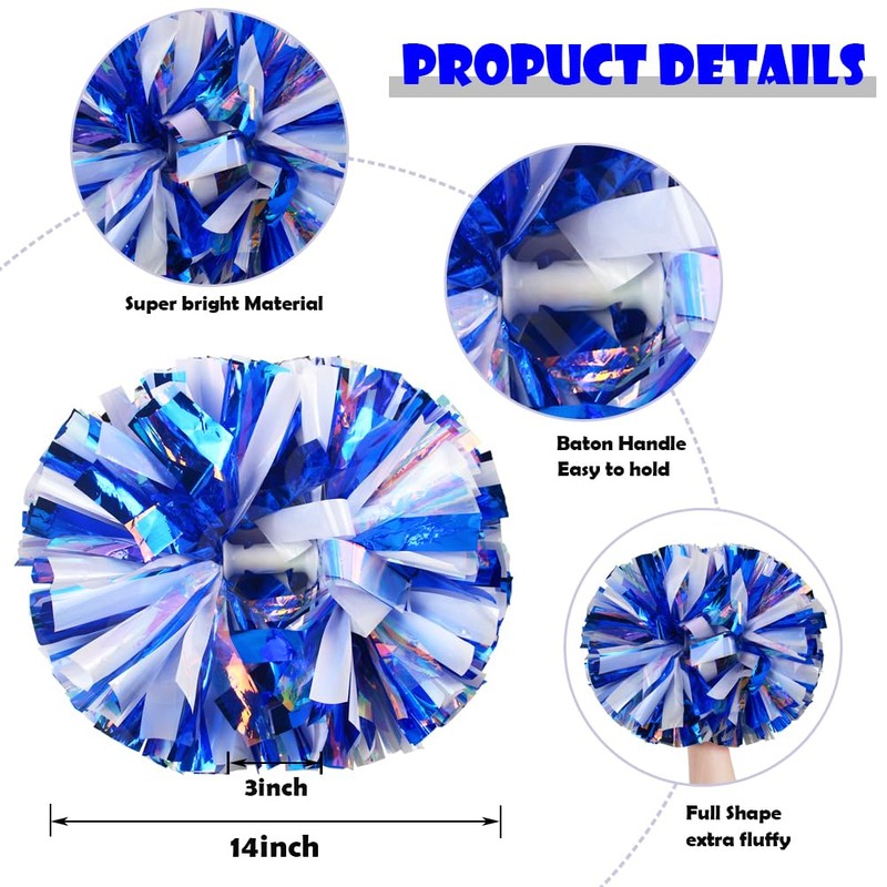 Hooshing 2PCS Cheerleading Pom Poms with Baton Handle Rainbow Blue