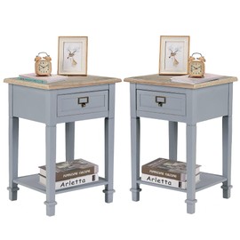 Wnutrees Rustic Farmhouse Accent End Table, Nightstand Side Tables with Drawers and Open Storage Shelf for Living Room, Wooden Top, Handcrafted Finish, Set of 2