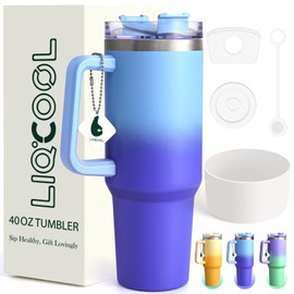 LiqCool 40 Oz Tumbler with Handle 2 Straws and 2 Lids, Silicone Boot & Leakproof Spill Stopper Set, Stainless Steel Vacuum Insulated Tumbler, Cupholder Friendly(Blue)