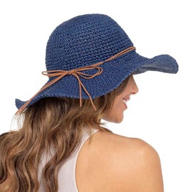 Thingimijigs Ladies Wide Brimmed Floppy Straw Summer Sun Hat with Bow Detail - Navy M/L