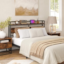 ELYKEN Headboard for Queen Size Bed, Backboard with Outlets, USB Port, LED Light, Headboard with Shelf, Freestanding Sturdy Back Board with Adjustable Accessory to Different Bed Frames, Rustic Brown