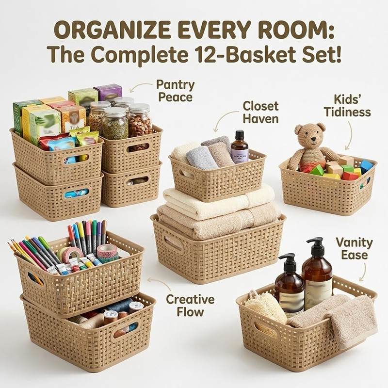 Khaki Stackable Storage Baskets, Plastic Weave Basket Organizer and Storage