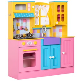 OHKIDS Wooden Pretend Play Kitchen, Kids Kitchen Playset w/Microwave, Oven, Cooking Toys, Faucet, Sink, Curtains, Toddler Kitchen w/Light & Sound, Stickers, Large Kitchen Gift for Girls Boys Age 3+