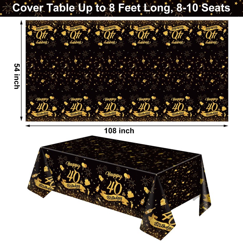 NatNarr 3 Pack 40th Birthday Tablecloth, Plastic Black Gold Table